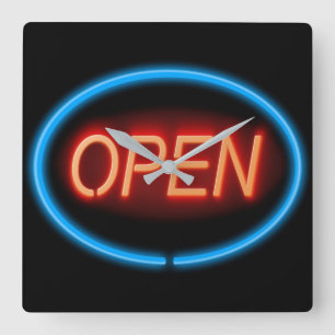 Neon offenes Schild. Quadratische Wanduhr