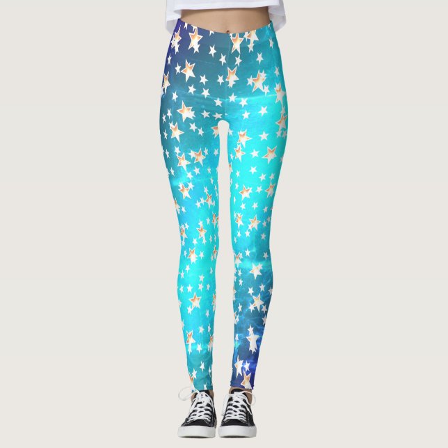 Neon Ombre Blue Patriotic Gold Stars Leggings (Vorderseite)