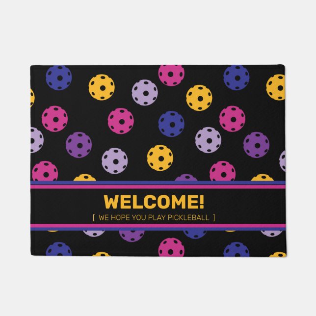 Neon on Black Pickleball, benutzerdefinierter Text Fußmatte (Vorderseite)