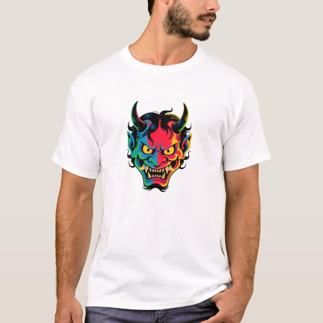 Neon Oni Rage farbenfrohe japanische Demasemaske V T-Shirt (Vorderseite)