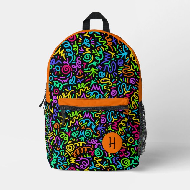 Neon Orange Squiggle Monogram Bedruckter Rucksack (Vorderseite)
