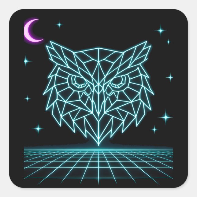 Neon Owl Synthwave - Retro Night Watcher Quadratischer Aufkleber (Vorderseite)