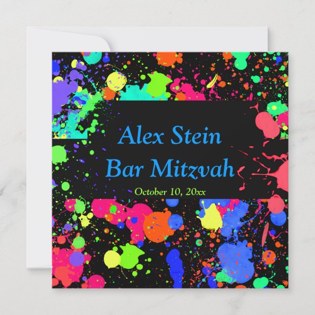 Neon Paint Spritzer, Bar / Bat Mitzvah Einladung (Vorderseite)