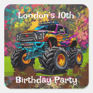 Neon Paint Spritzer Monster Truck Geburtstagsparty Quadratischer Aufkleber