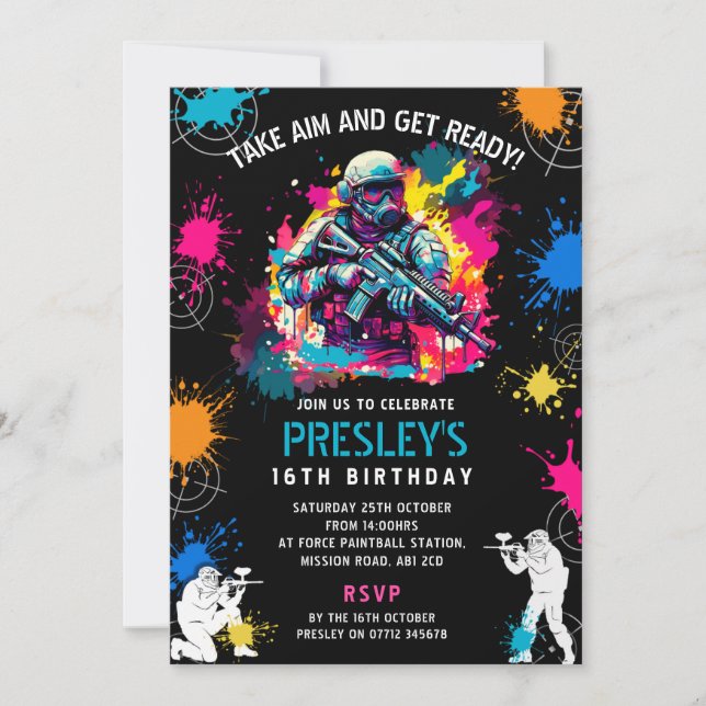 Neon Paintball Invite - Combat Glow Birthday Party Einladung (Vorderseite)