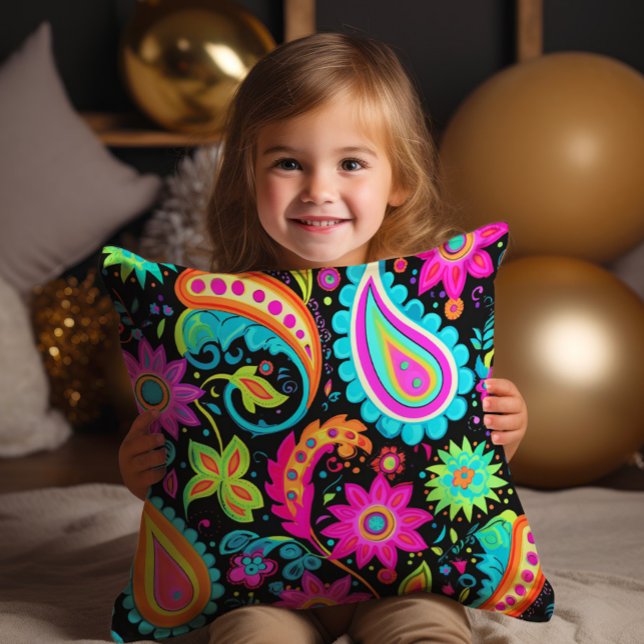 Neon Paisley Black Pink Blue Colorful Kissen (Cute neon pink, blue, and green paisley on black decorator pillow)