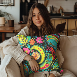 Neon Paisley Schwarz Pink Blau Gelb Kissen