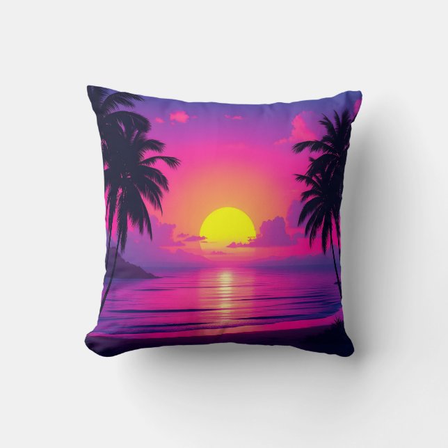 Neon Palm Sunset and Blue Glow Oasis Pillow Kissen (Vorderseite)