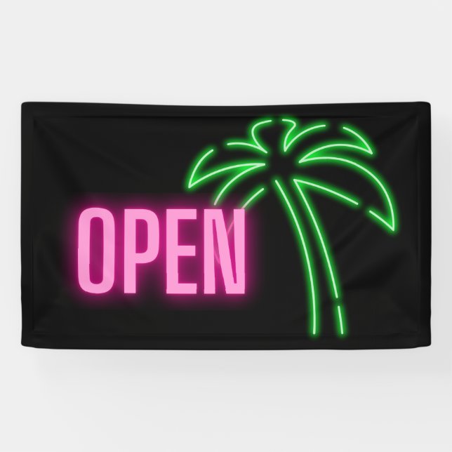 Neon Palm Tree Green & Pink Open Sign Banner (Horizontal)