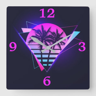 Neon Palm Trees Square Wall Clock Quadratische Wanduhr