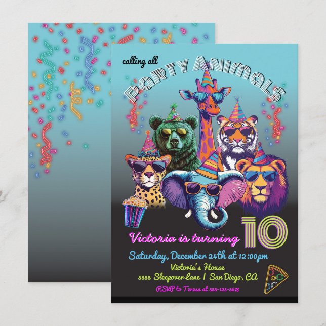Neon Party Animals Geburtstagsparty Einladung (Vorne/Hinten)