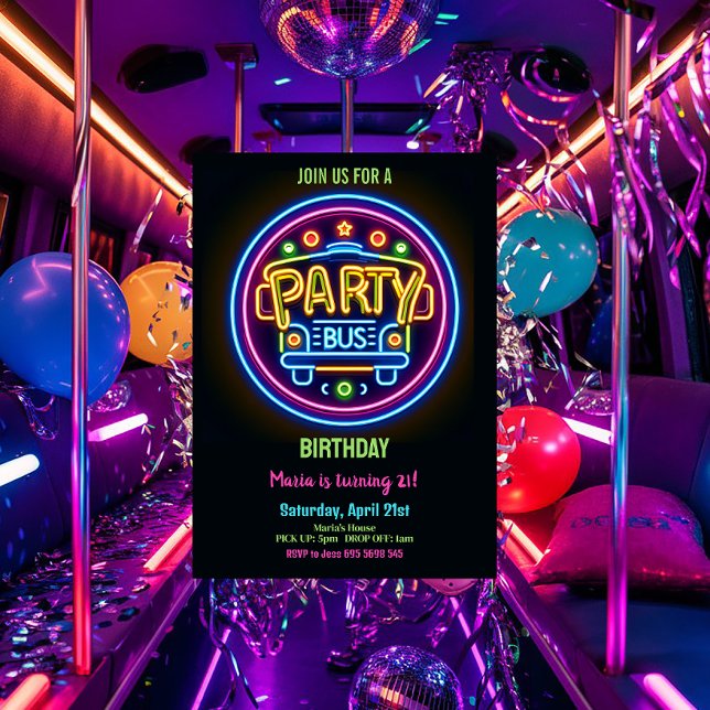 Neon Party Bus Glühbirnen 21. Geburtstag Einladung (Von Creator hochgeladen)