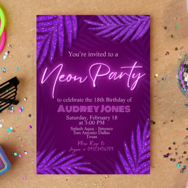 Neon Party - Glanz - Lila Einladung (Neon Party - Glow - Purple Invitation)