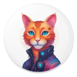 "Neon Paws: Die Ingwerfarbene, Blauäugige Cyberpun Keramikknauf