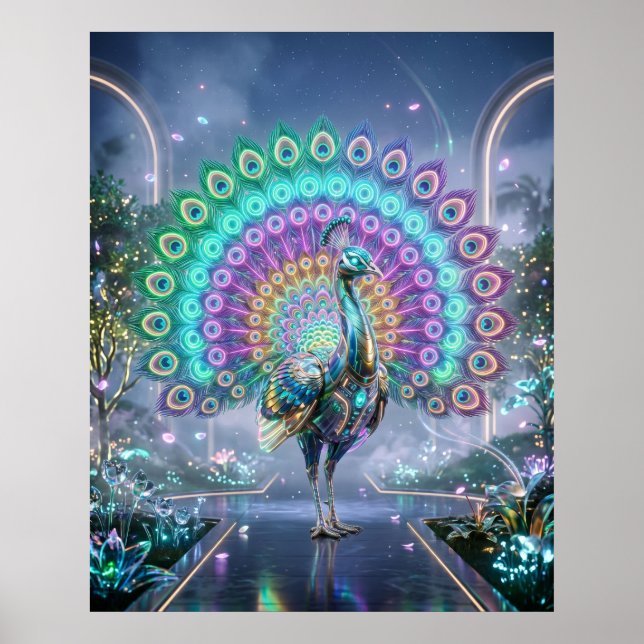 Neon-Pfau-Hologramm-Garten Poster (Vorne)