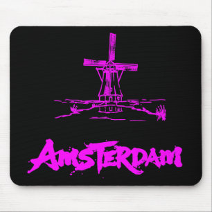 Neon Pink Amsterdam Windmühle Skizze Modern Schwar Mousepad