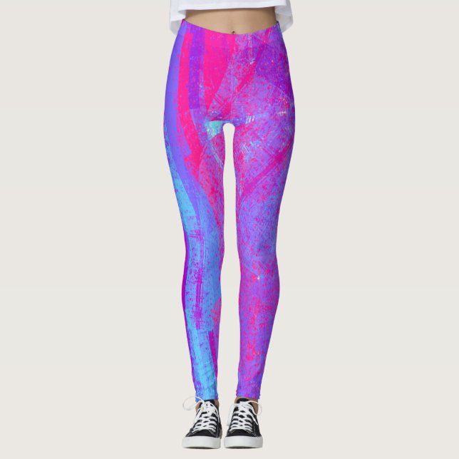 Neon Pink & Aqua Blue Abstrakt Leggings (Vorderseite)