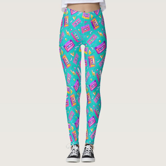 Neon Pink Aquamarin Trendy 80er Cassette Music Leg Leggings (Vorderseite)