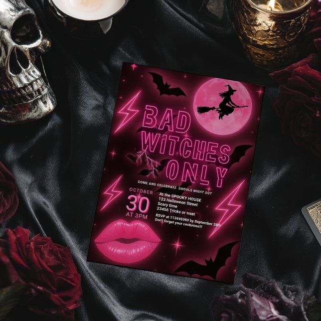 Neon Pink Bad Hexen Halloween Girls Night Out Einladung (Neon Pink Bad Witches Halloween Girls Night Out Invitation)