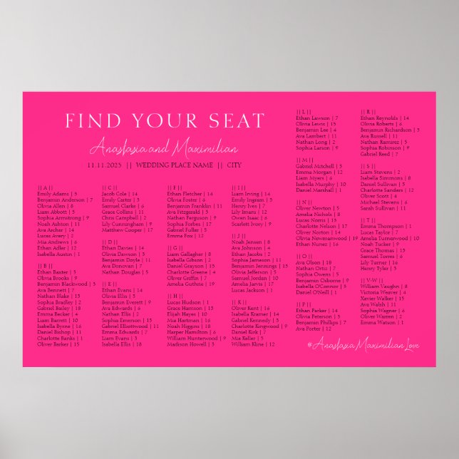 Neon Pink Basic Wedgetical Seating Chart Poster (Vorne)
