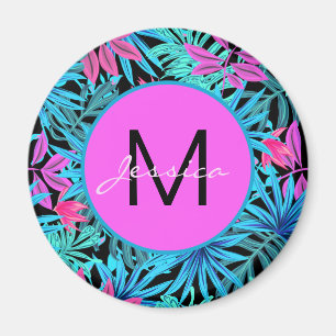 Neon Pink Blau Tropicales Pflanzenmuster Personali Magnet