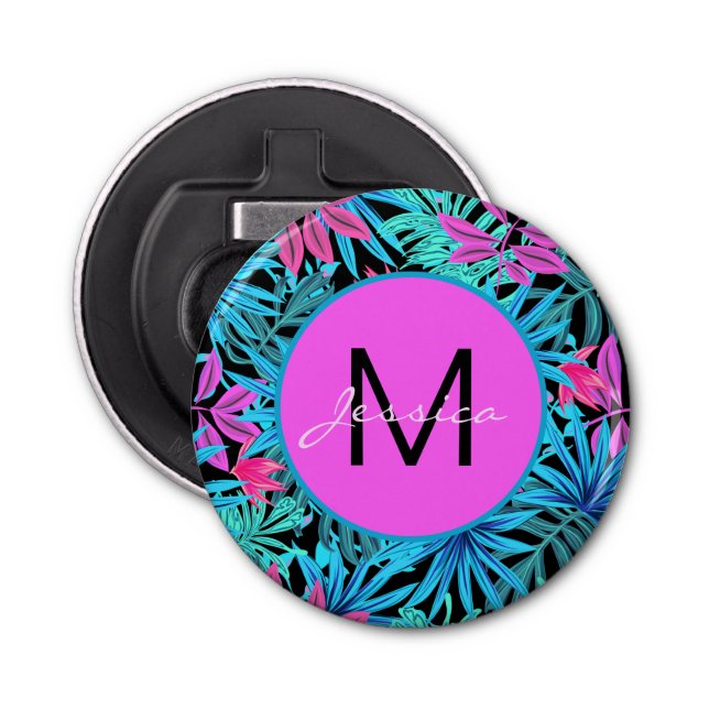 Neon Pink Blue Tropical Plant Pattern Personalised Flaschenöffner (Vorderseite)