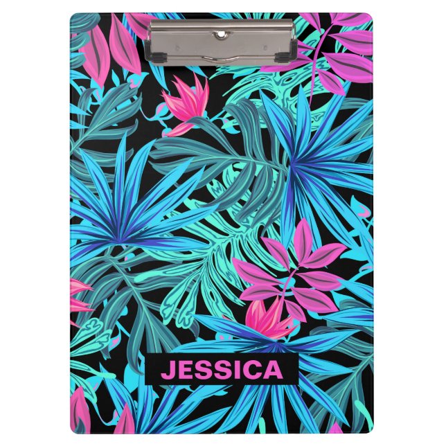 Neon Pink Blue Tropical Plant Pattern Personalised Klemmbrett (Vorderseite)