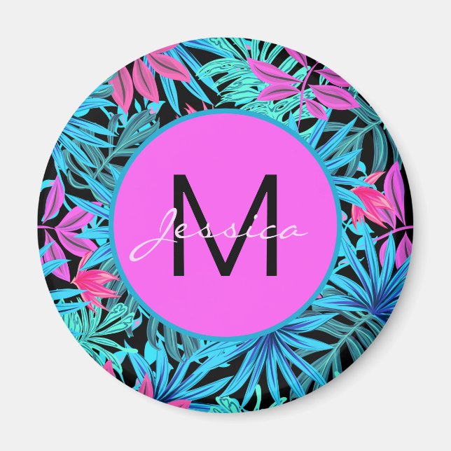 Neon Pink Blue Tropical Plant Pattern Personalised Magnet (Vorne)