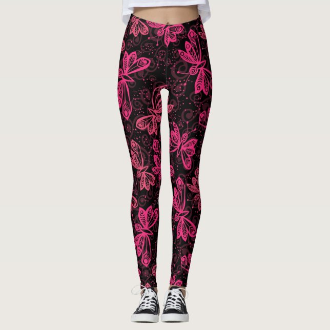 Neon Pink Buttflies Leggings (Vorderseite)