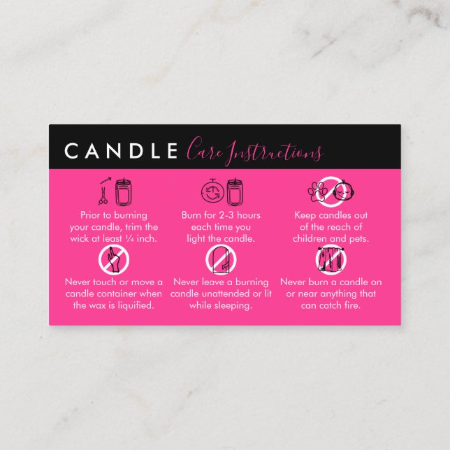 Neon Pink Candle Care Instruktionen Visitenkarte (Rückseite)