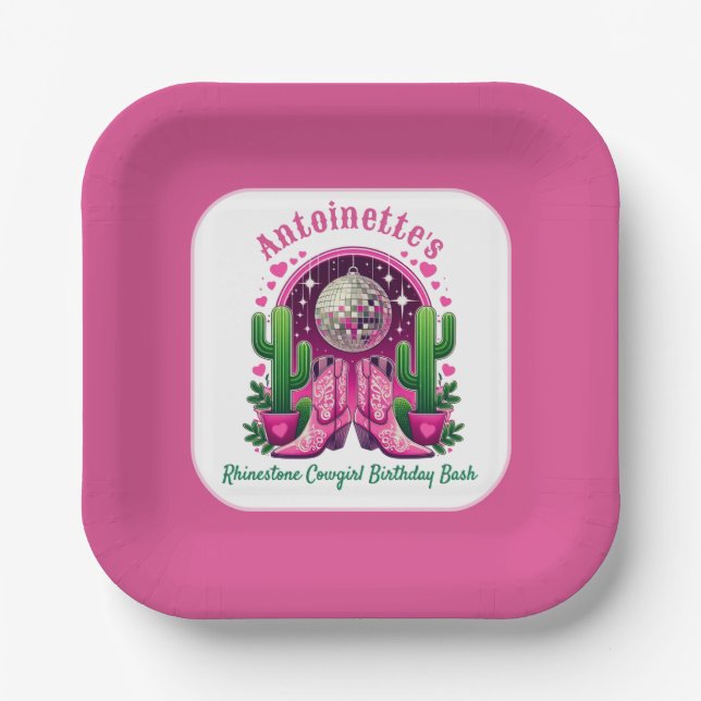 Neon Pink Cowgirl Boots & Disco Ball Bachelorette Pappteller (Vorderseite)