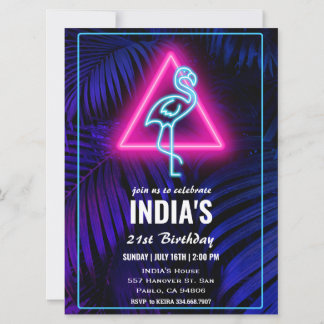 Neon Pink Flamingo Tropical Leaf Geburtstag Einladung