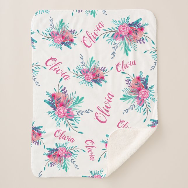 Neon pink floral Aquarell Baby Name Skript Sherpadecke (Vorderseite)