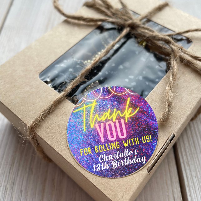 Neon Pink Girl's Roller Skaten Party Vielen Dank Runder Aufkleber (Von Creator hochgeladen)
