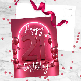 Neon Pink Glows Balloons Confetti 21. Geburtstag Postkarte