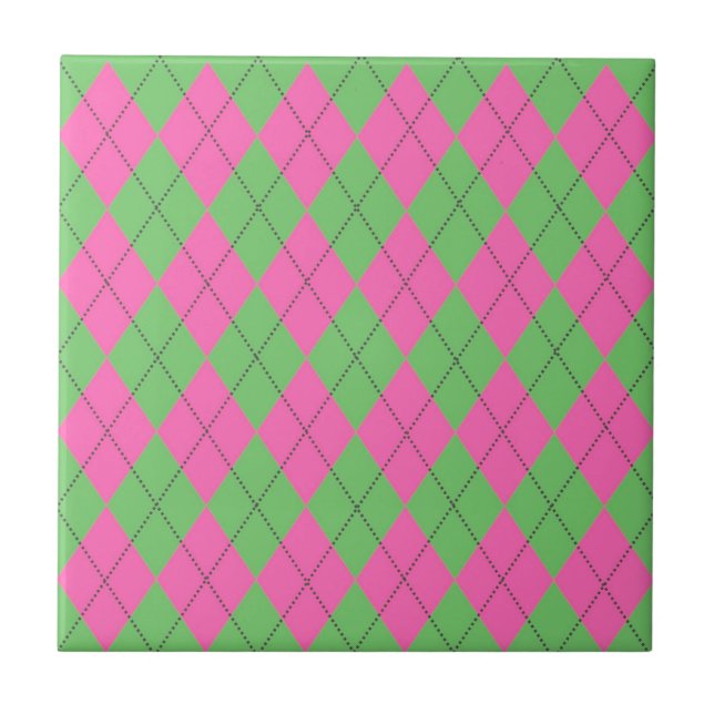 Neon Pink Green Raute Diamond Pattern Fliese (Vorderseite)