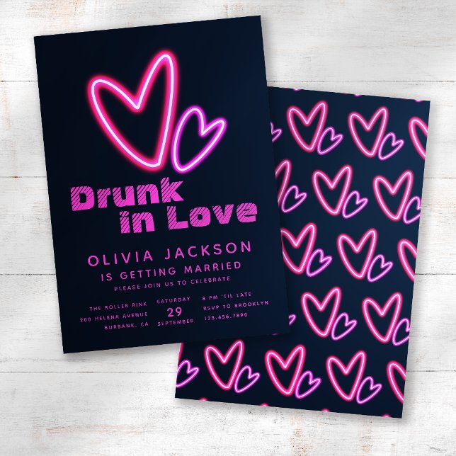 Neon Pink Hearts Betrunken in Liebe Brautparty Einladung (Von Creator hochgeladen)