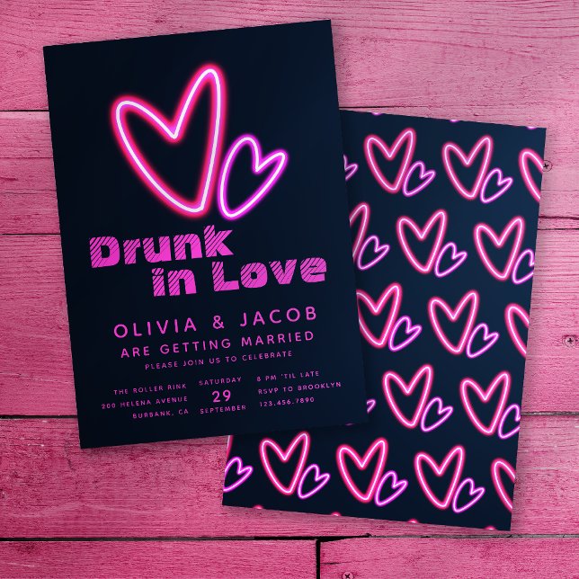 Neon Pink Hearts Drunk in Love Wedding Shower Einladung (Von Creator hochgeladen)
