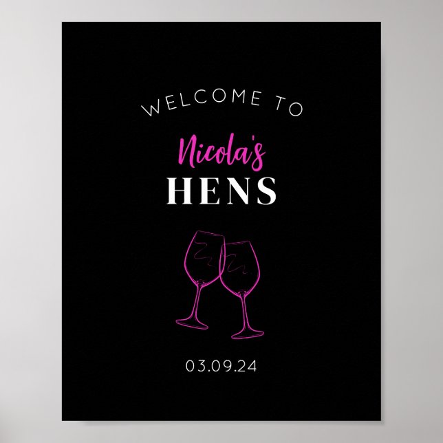 Neon Pink Hens Party Wein Begrüßungszeichen Plakat (Vorne)