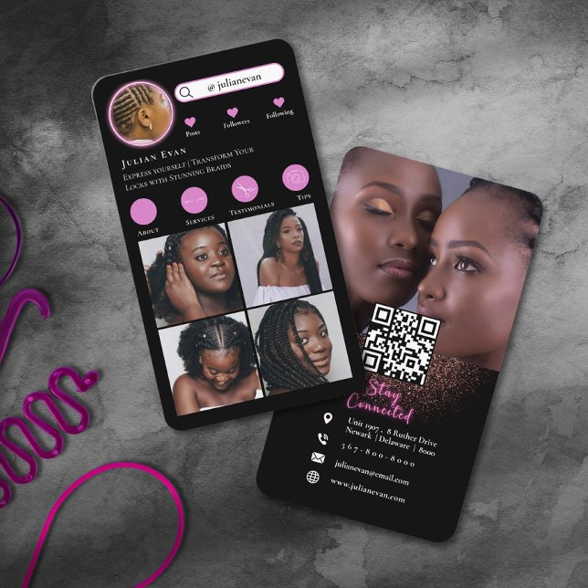Neon Pink Instagram Foto Collage Haarflechten Visitenkarte (Neon Pink Instagram Photo Collage Hair Braiding Business Card)