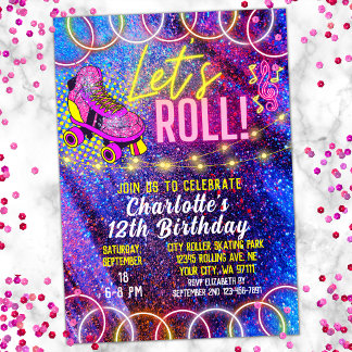 Neon Pink Let's Roll Girl's Roller Skaten Party Einladung