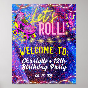 Neon Pink Let's Roll Roller Skaten Party Willkomme Poster