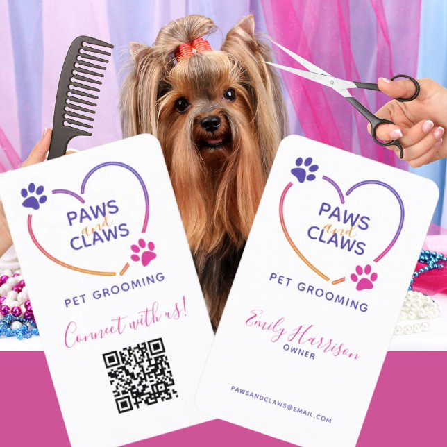 Neon Pink Lila Pet Grooming QR Code Visitenkarte (Von Creator hochgeladen)
