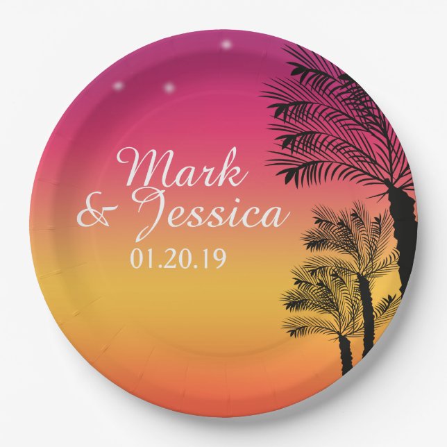 Neon Pink Ombre Tropical Tree Sunset Beach Pappteller (Vorderseite)