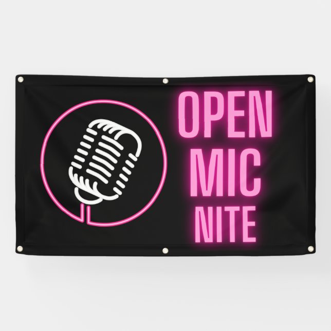 Neon Pink Open Mic Outdoor Vinyl Banner (Horizontal)