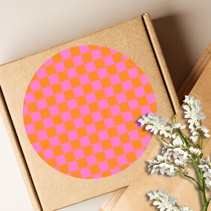 Neon-Pink Orange Kariert Checkerboard Vintage Runder Aufkleber