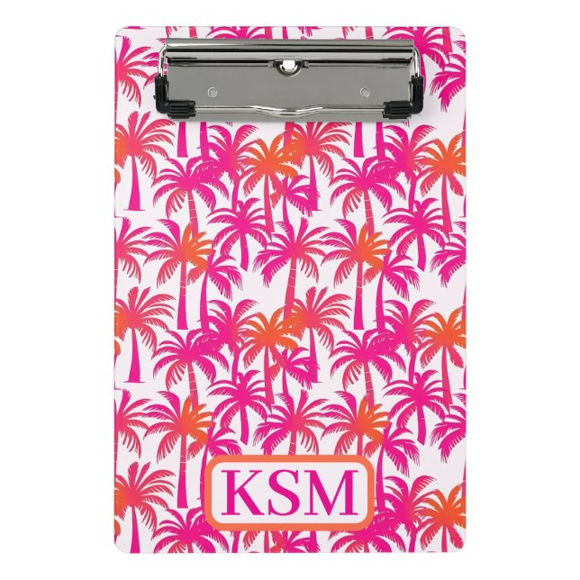Neon Pink Orange Palm Tree Ibiza Monogram Mini Klemmbrett (Vorderseite)