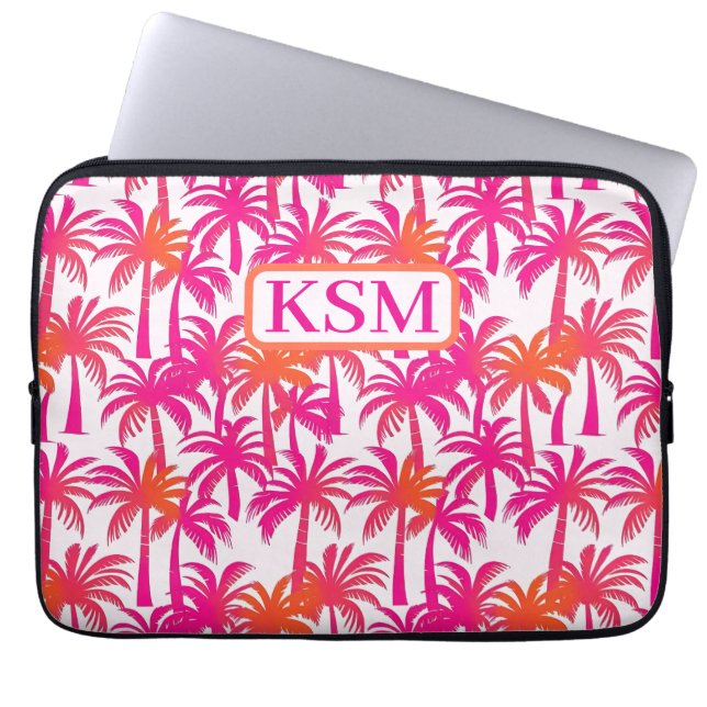 Neon Pink Orange Palm Tree Monogramm Laptopschutzhülle (Vorderseite)