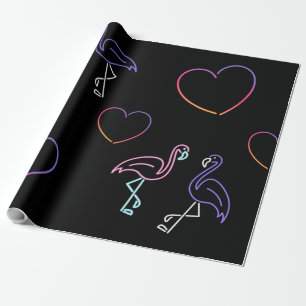 Neon-Pink-Purple-Flamingo und Herzen Geschenkpapier