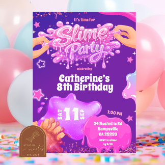 Neon Pink Purple Slime Birthday Invitation Einladung
